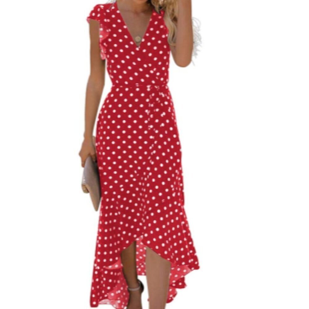 GRECERELLE Women’s V-Neck Wrap Maxi Dress 2XL Red & White Polka Dot Boho NWT